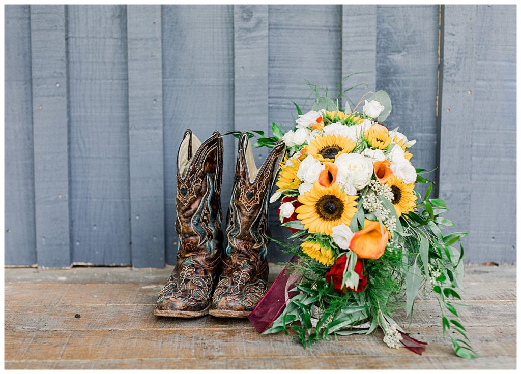 Cowgirl boots and bridal bouquet